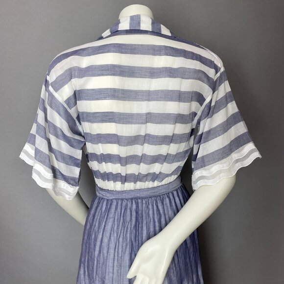 Vintage Albert Nipon Pleated Dress Striped Short Sleeves Tie Belt 1980s Nautical - Picture 4 of 14